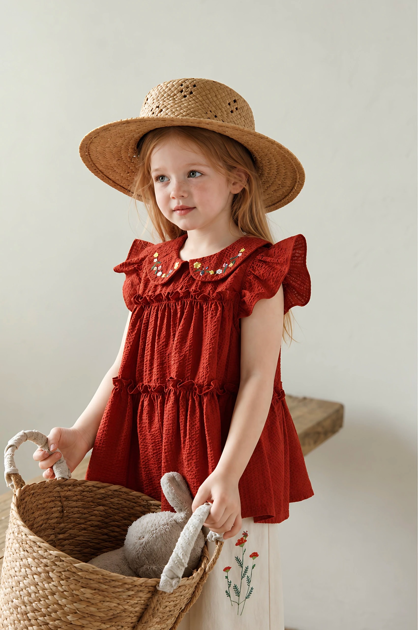 Fleur Set: atasan merah berbordir dan celana lebar gading, baju Natal anak.
