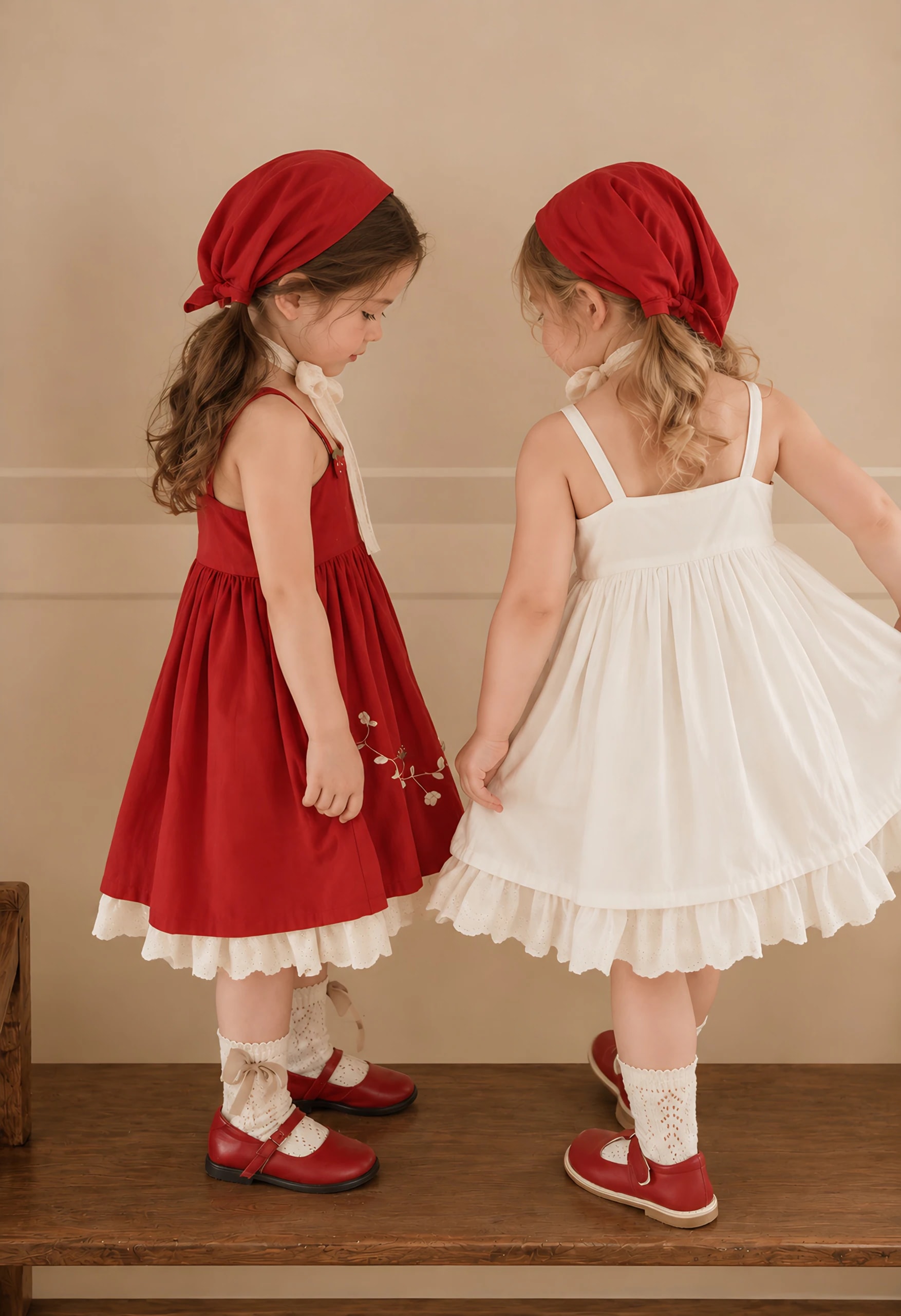 Tampak belakang dan samping dua anak perempuan memakai Nara Dress warna merah dan putih, terlihat tali bahu tipis dan bagian bawah berenda.