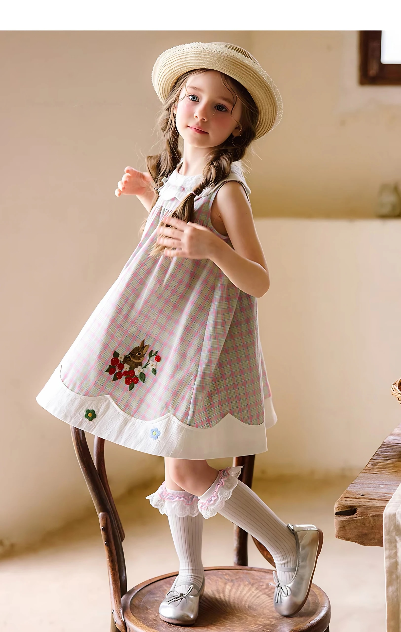Berpose di atas kursi memakai Celestine Dress, terlihat bordir kelinci dan bordir bunga kecil di bagian bawah putih.