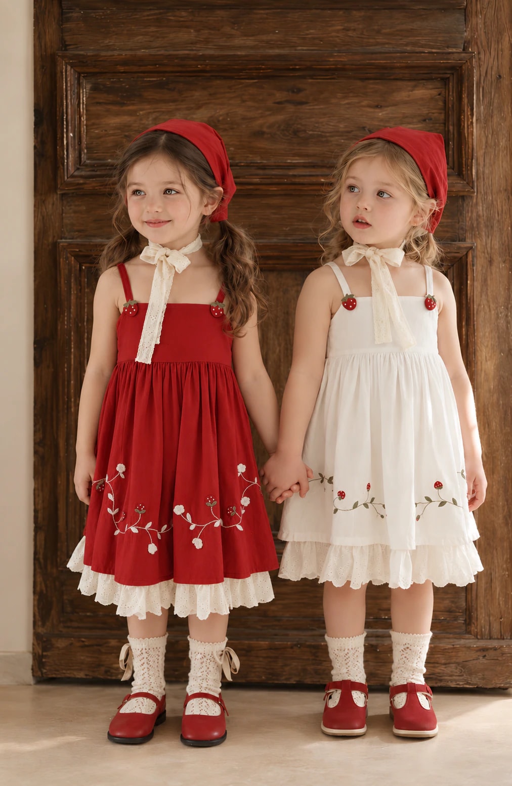 Nara Dress dengan aksen stroberi dan tepi bawah berenda, baju Natal anak.