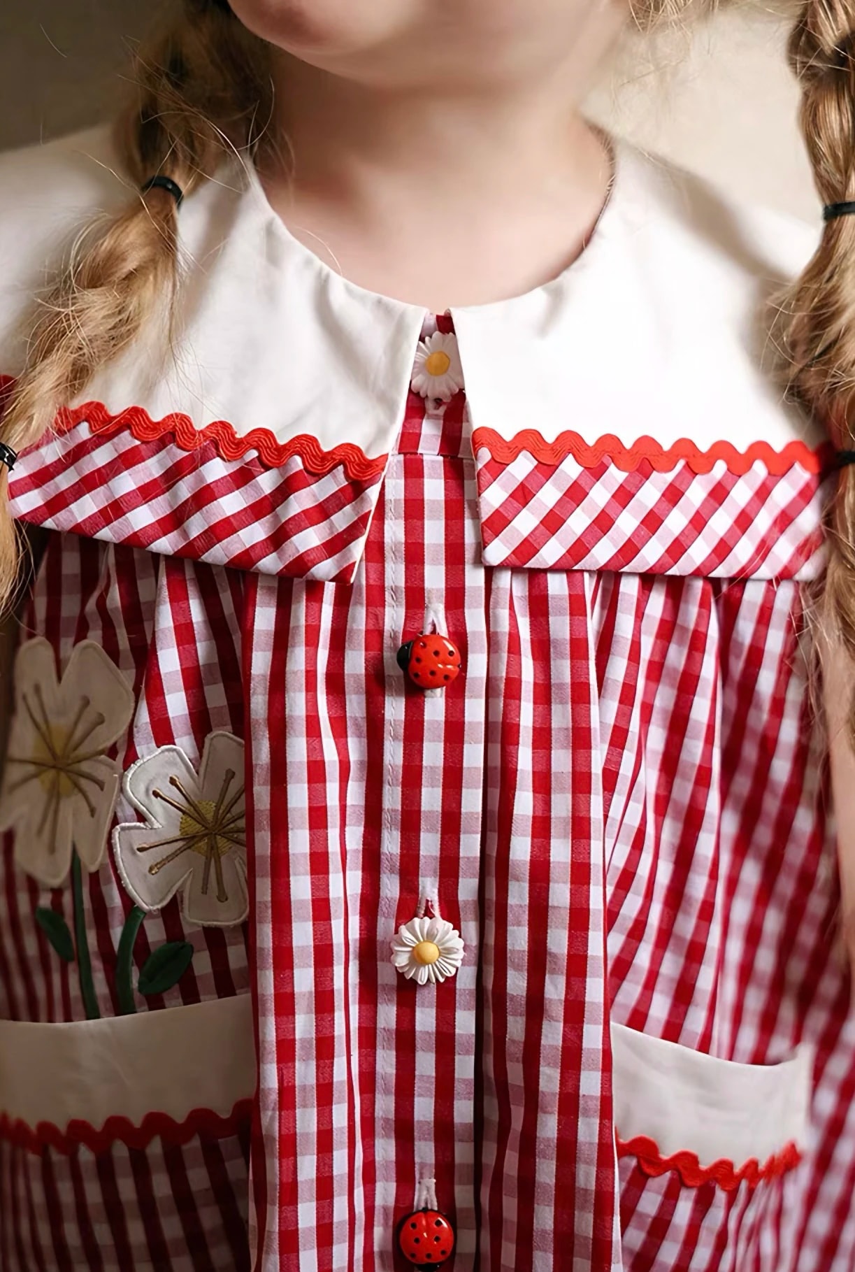 Detail bagian depan Rosalie Dress: kerah lebar putih dengan pita gelombang merah, serta kancing kepik dan bunga daisy.
