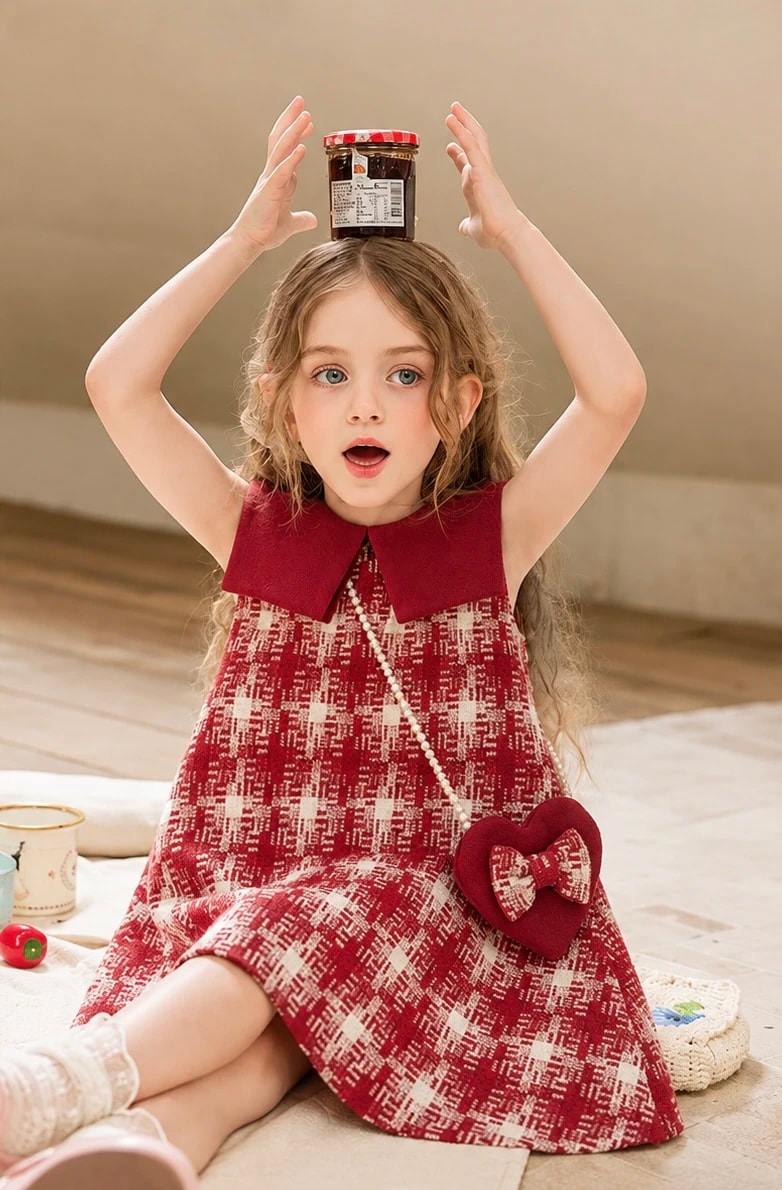 Tampak depan anak perempuan duduk memakai Delphine Dress dengan tangan terangkat, terlihat kerah besar dan tweed burgundy-krem.
