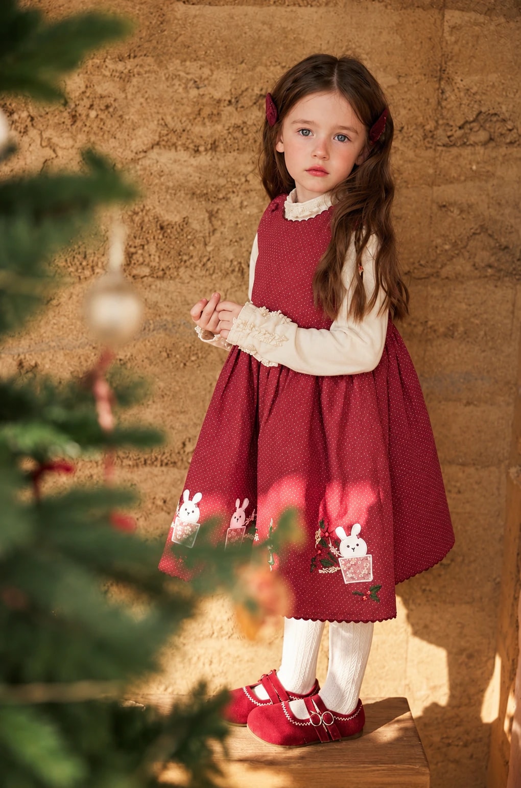 Tampak depan anak perempuan memakai Marceline Dress dengan inner blouse gading, kerah dan ujung lengannya ruffle.
