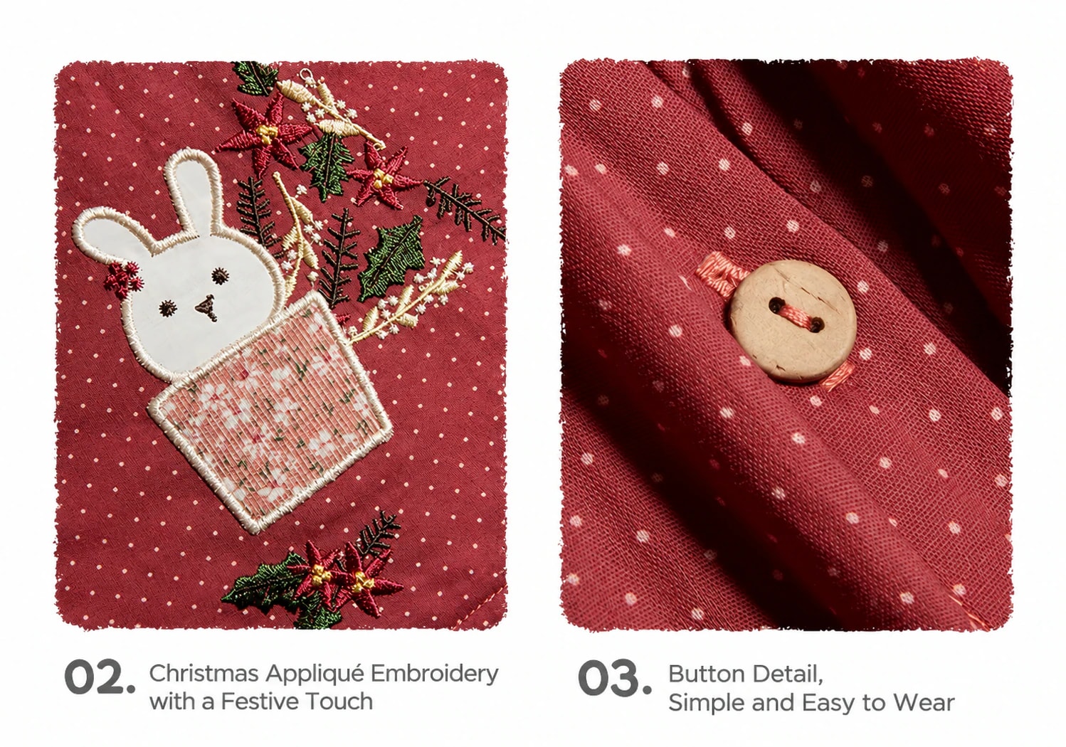 Kartu detail Marceline Dress: aplikasi kelinci dengan bordir daun holly dan bunga poinsettia, serta kancing bulat.