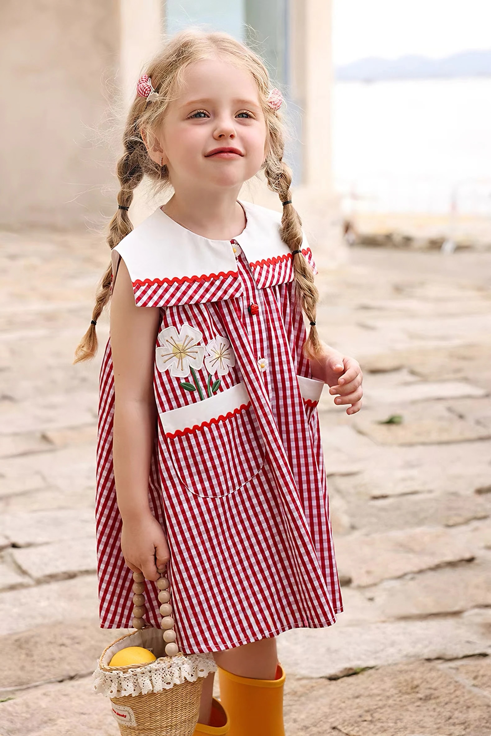 Rosalie Dress gingham dengan bordir bunga, baju Natal anak.