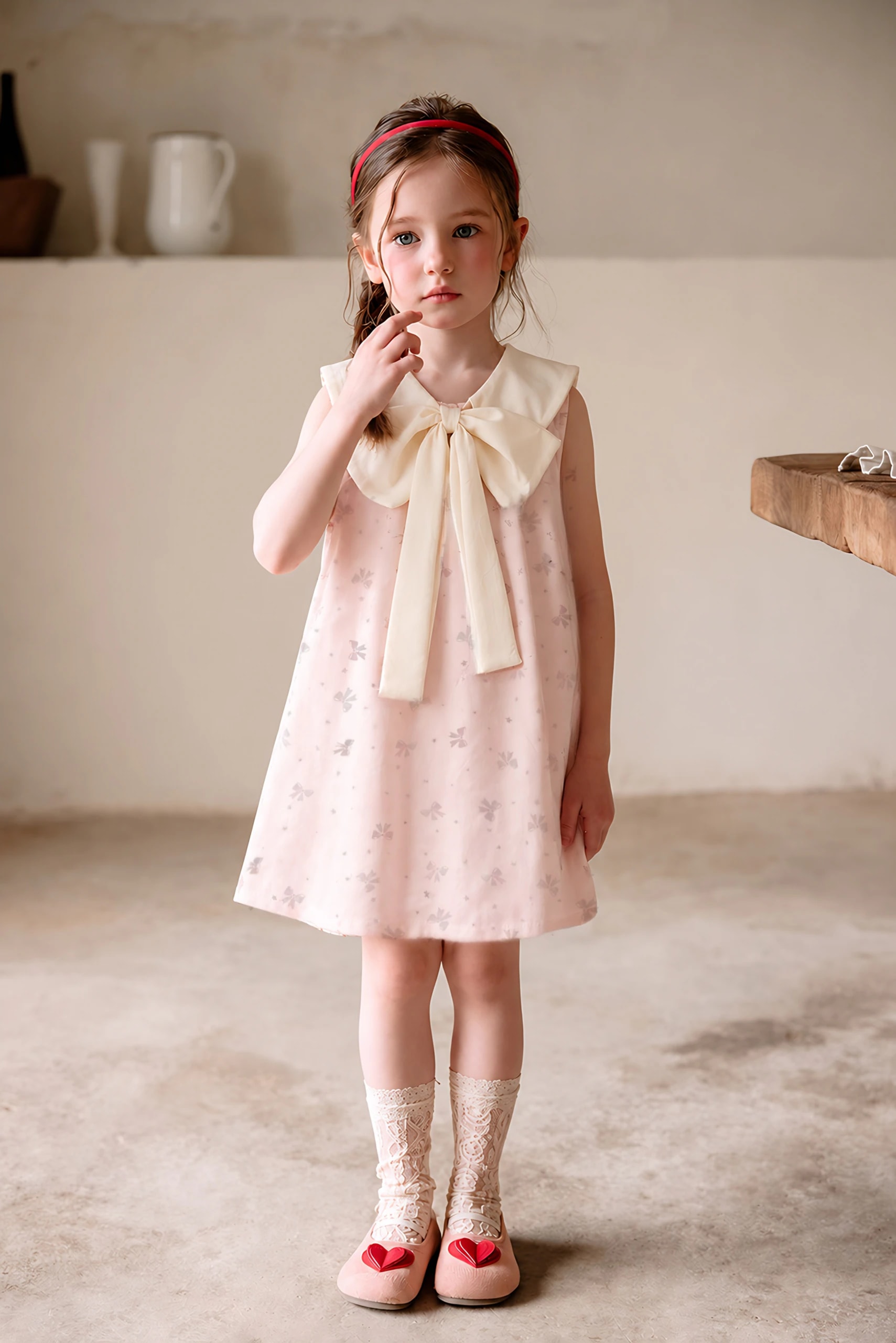 Amelie Dress pink lembut bermotif pita dengan pita gading, baju Natal anak.