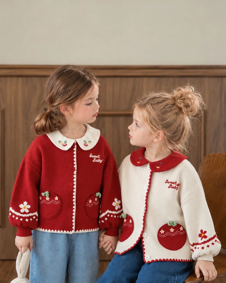 Pomme Cardigan rajut bergaya vintage merah dan gading, baju Natal anak.
