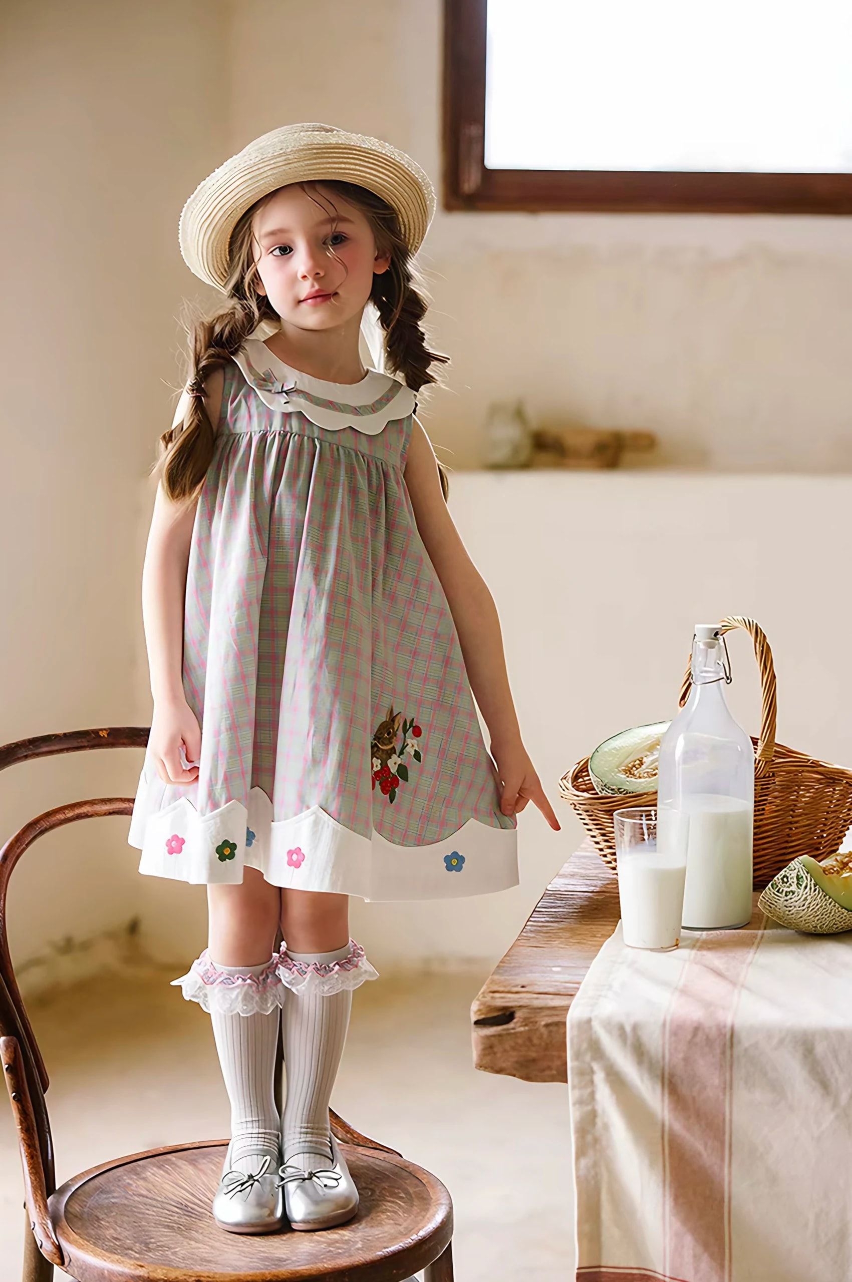 Celestine Dress kotak-kotak pastel dengan bordir kelinci, baju Natal anak.