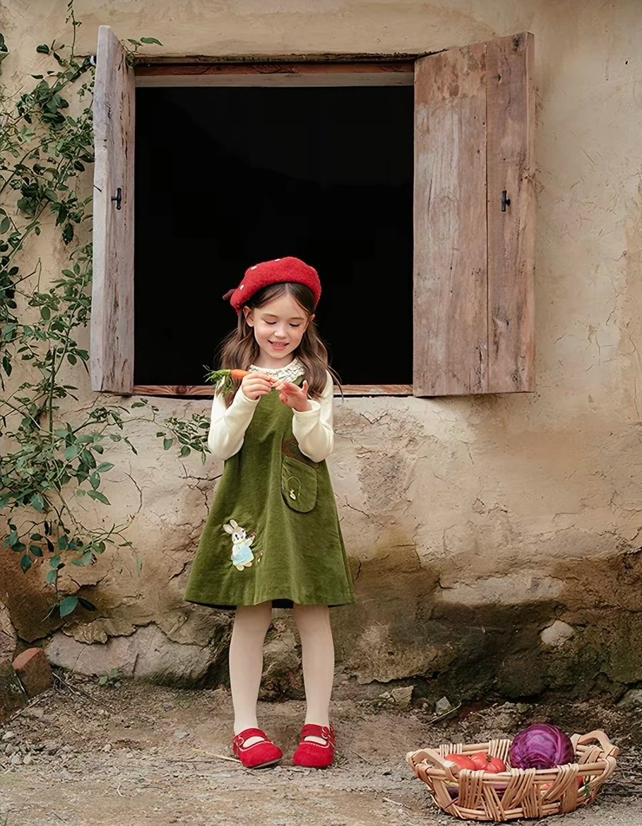 Tampak seluruh badan anak perempuan memakai Madeleine Dress sambil memegang wortel, pinafore dilapis blus dalam lengan panjang.