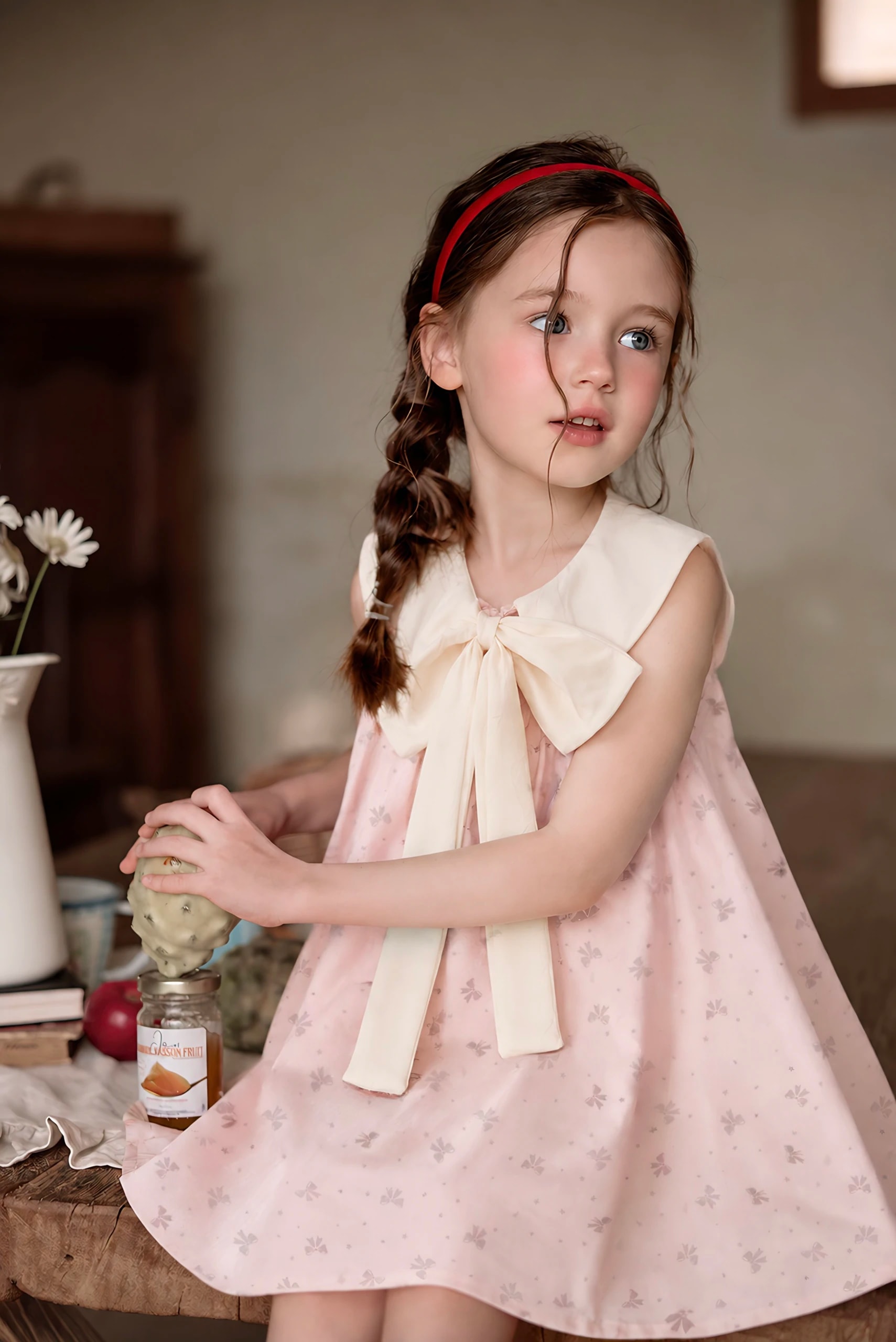 Duduk di meja memakai Amelie Dress, terlihat rok pink lembut yang mengembang dengan motif pita kecil.