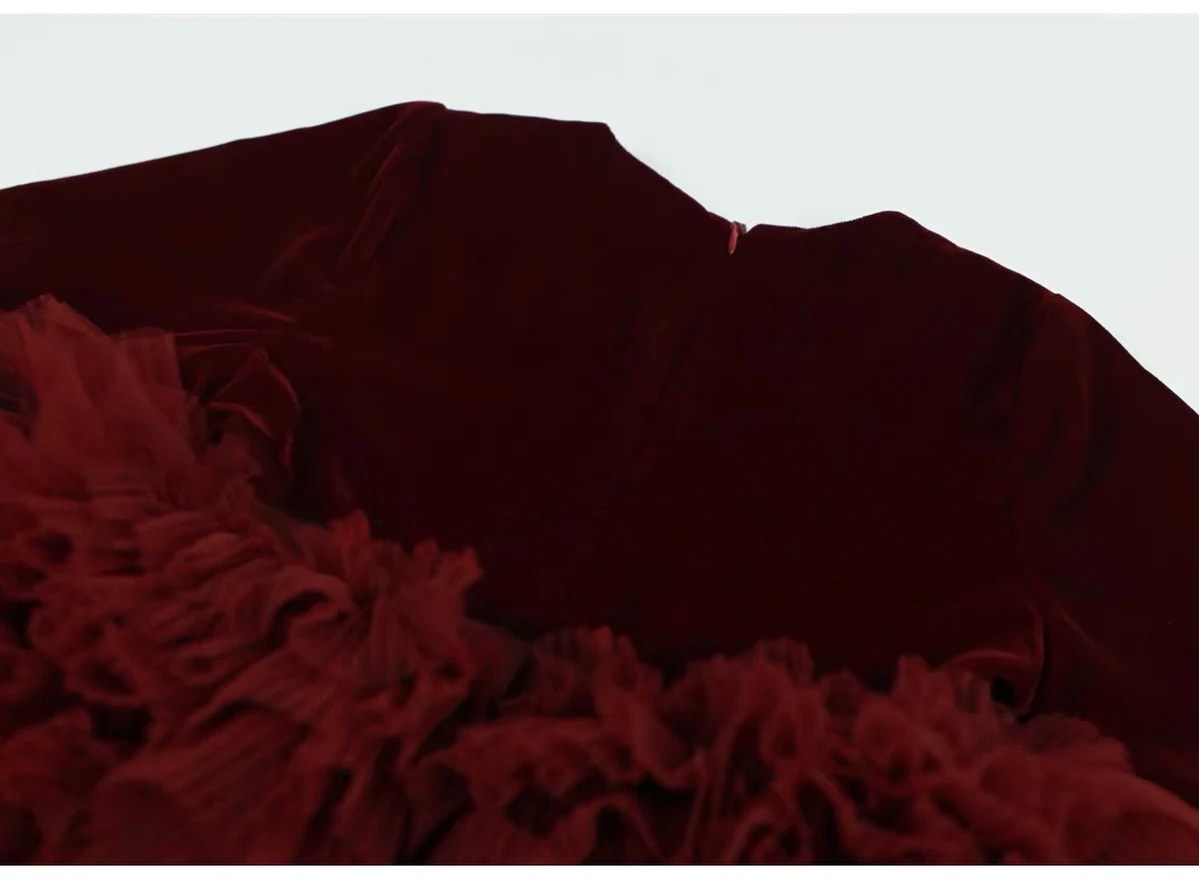 Detail bagian belakang Eleonore Dress: atasan beludru polos di atas rok tulle berlapis.