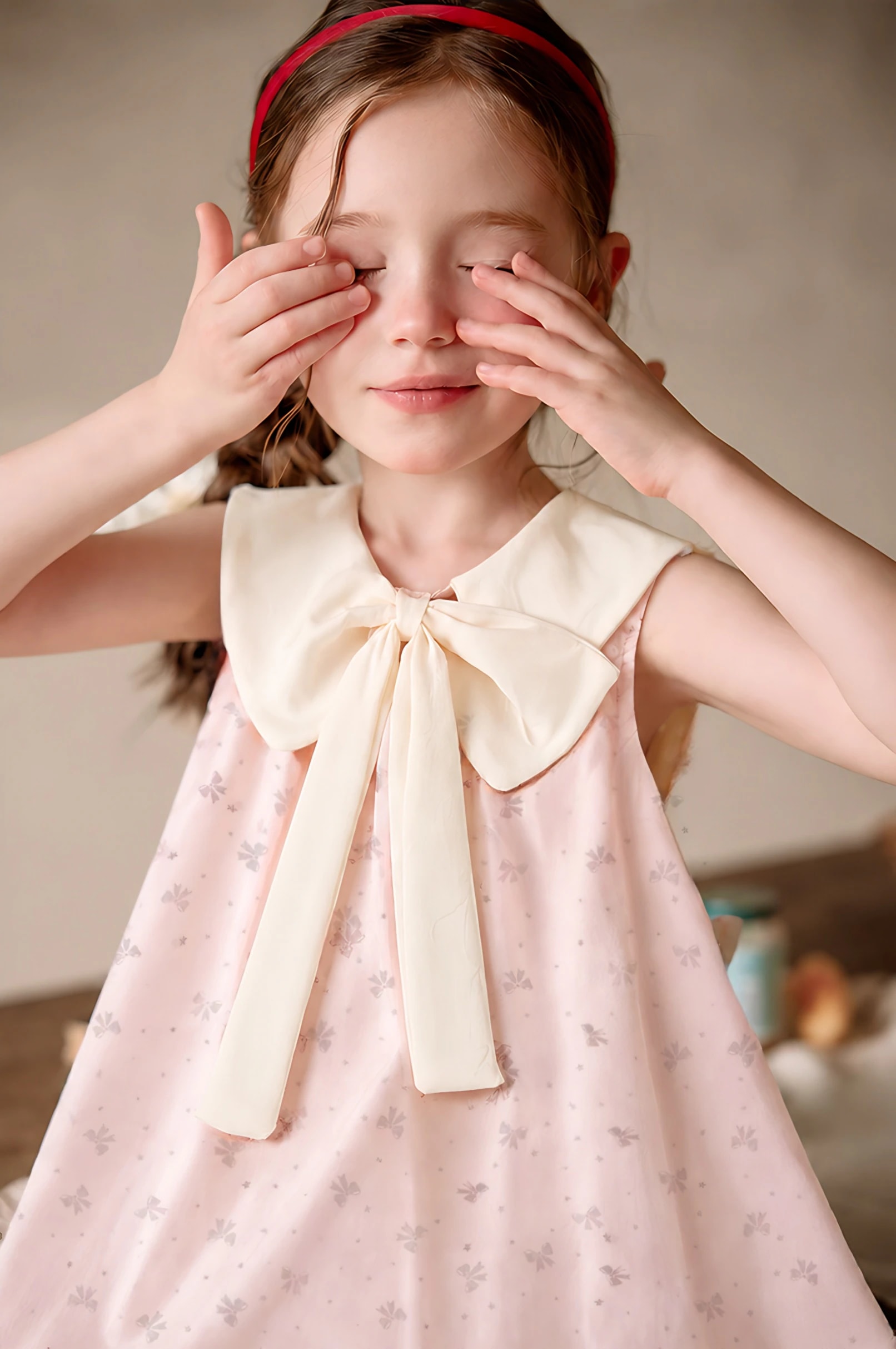 Detail Amelie Dress: kerah satin gading yang membentuk pita besar di atas kain bermotif pita.