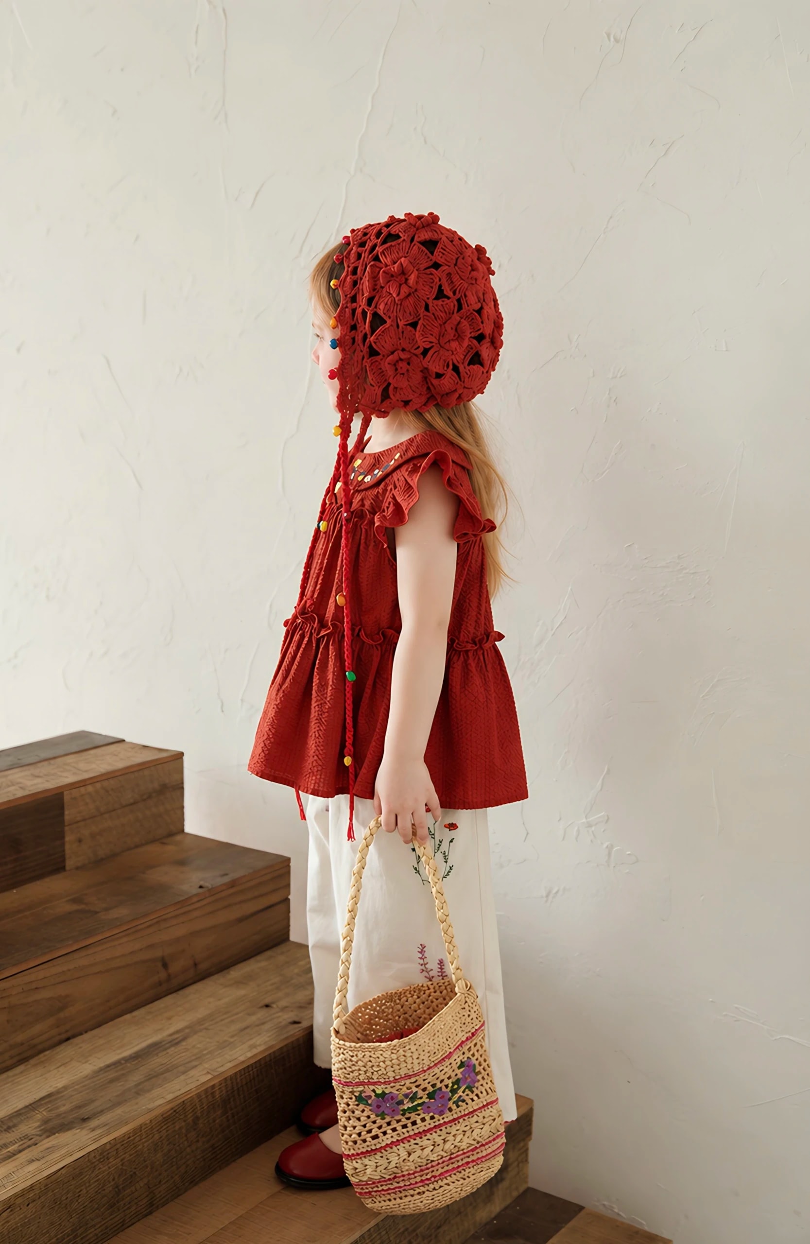 Side view of the Fleur Set on a girl, showing the tiered ruffles of the red top over the ivory wide-leg pants.