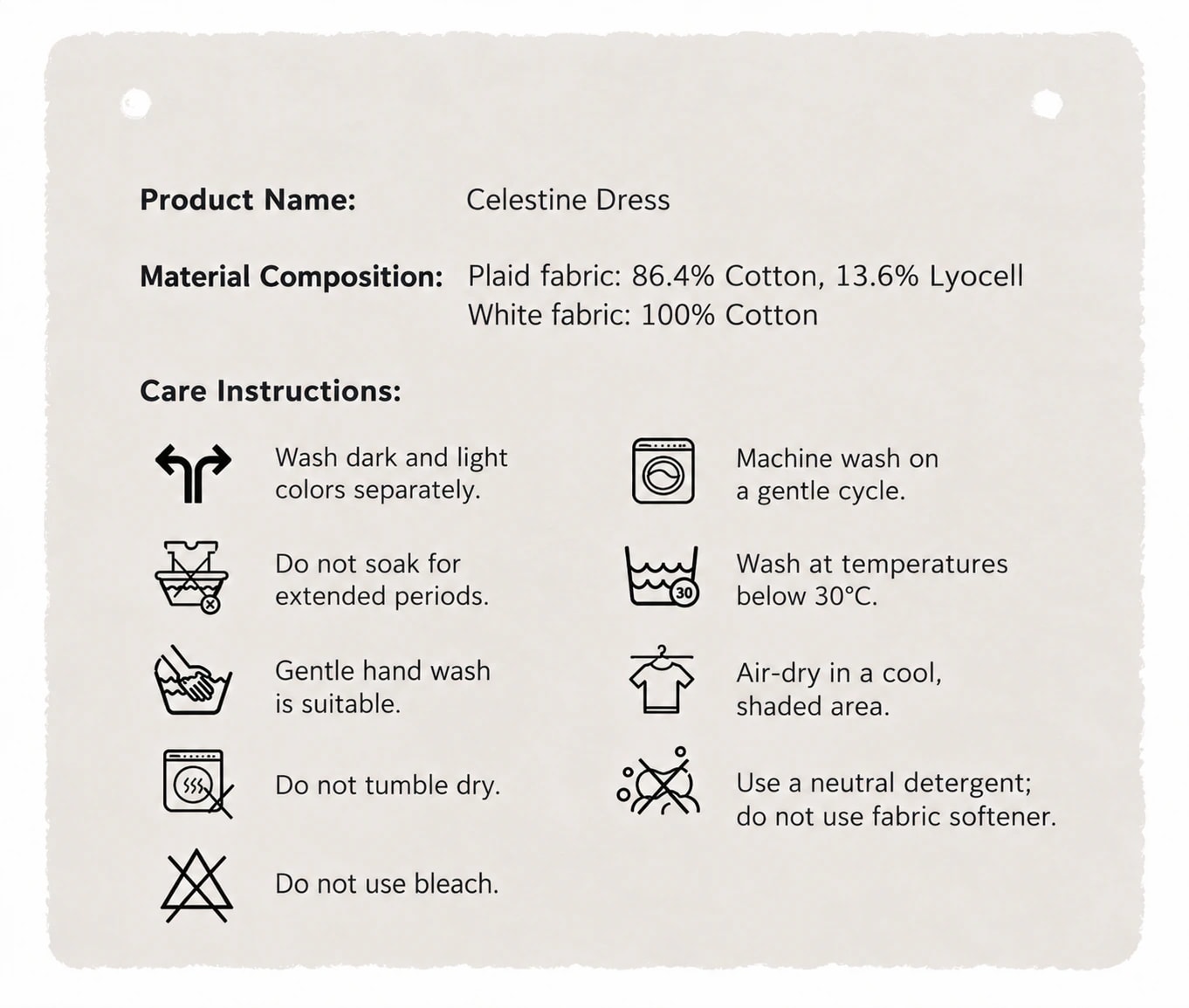 Kartu bahan Celestine Dress yang menunjukkan kain kotak-kotak katun-lyocell dan kain putih 100% katun, beserta petunjuk perawatan.