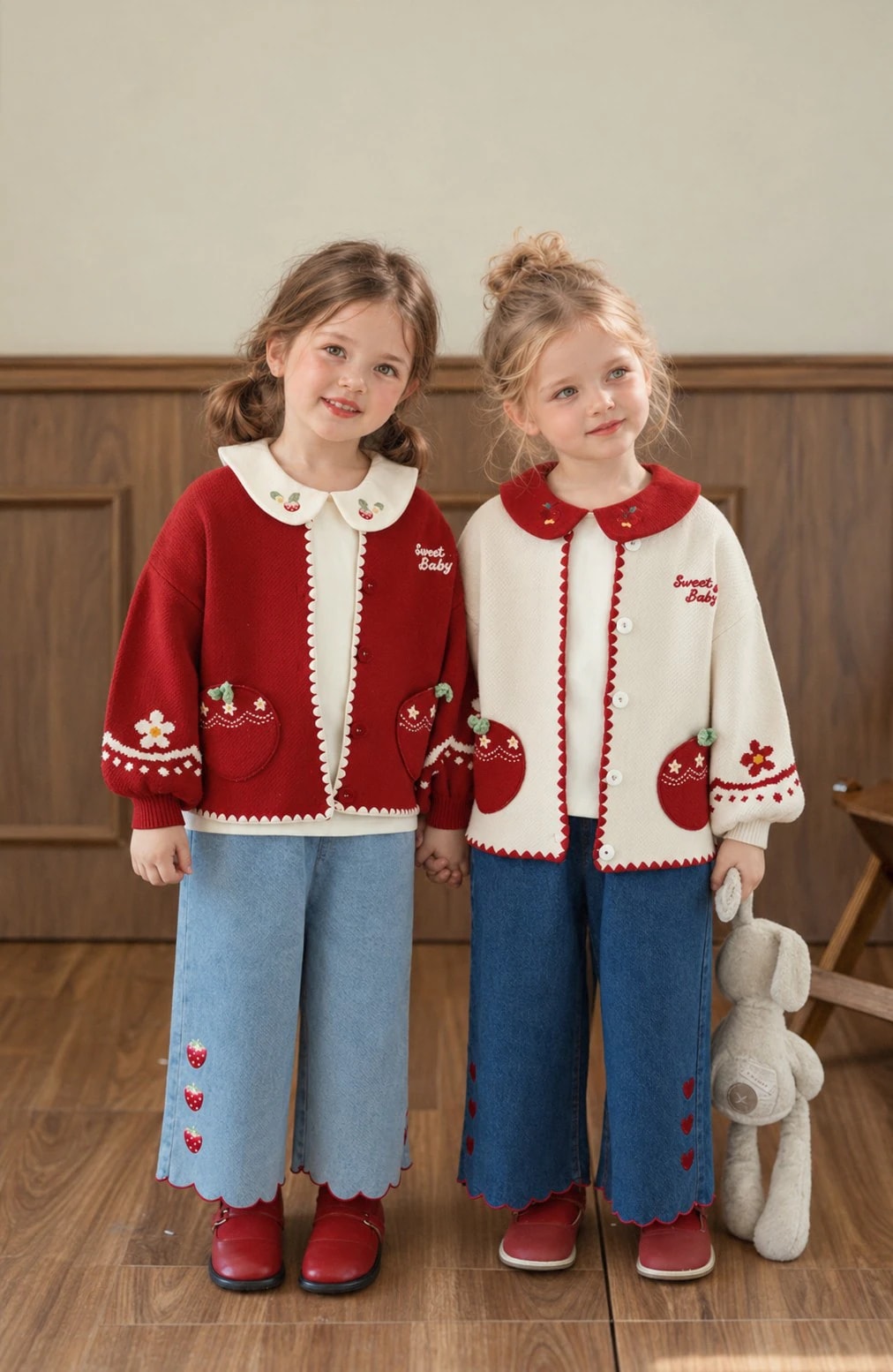 Dua anak perempuan memakai Pomme Cardigan merah dan gading terbuka di atas blus putih, terlihat kancing dan tepi bergelombang.
