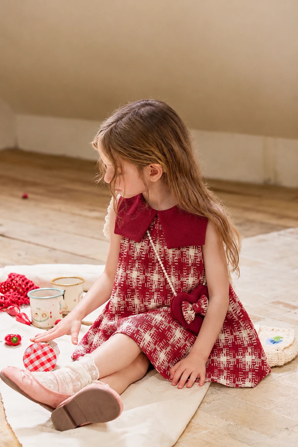 Duduk di atas alas piknik memakai Delphine Dress, dengan tas mini hati bertali mutiara di atas rok.