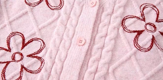 Close-up of the Clemence Cardigan knit: cable-knit button band, pink buttons and burgundy flower embroidery.