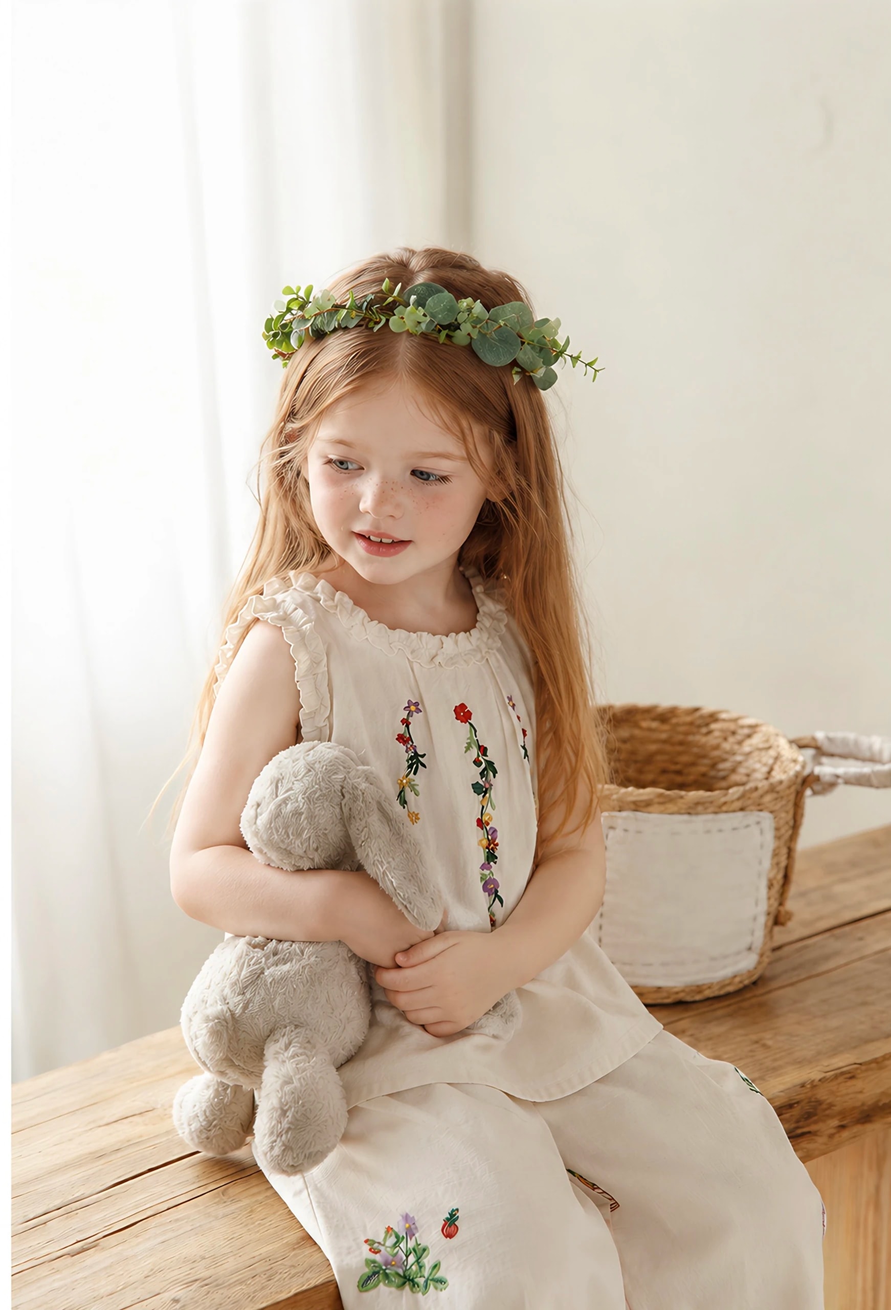 Anak perempuan duduk memakai Florielle Set sambil memeluk boneka kelinci, terlihat kerah rimpel dan bordir bunga pada atasan gading.