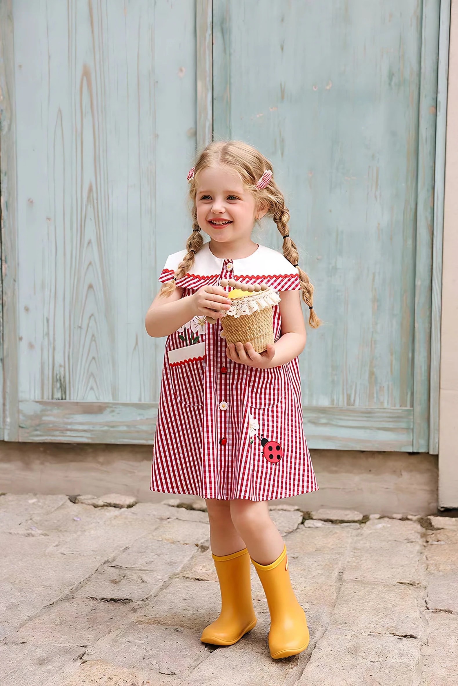 Full-length view of a girl in the Rosalie Dress by a blue door, showing the sleeveless A-line cut and gingham check.