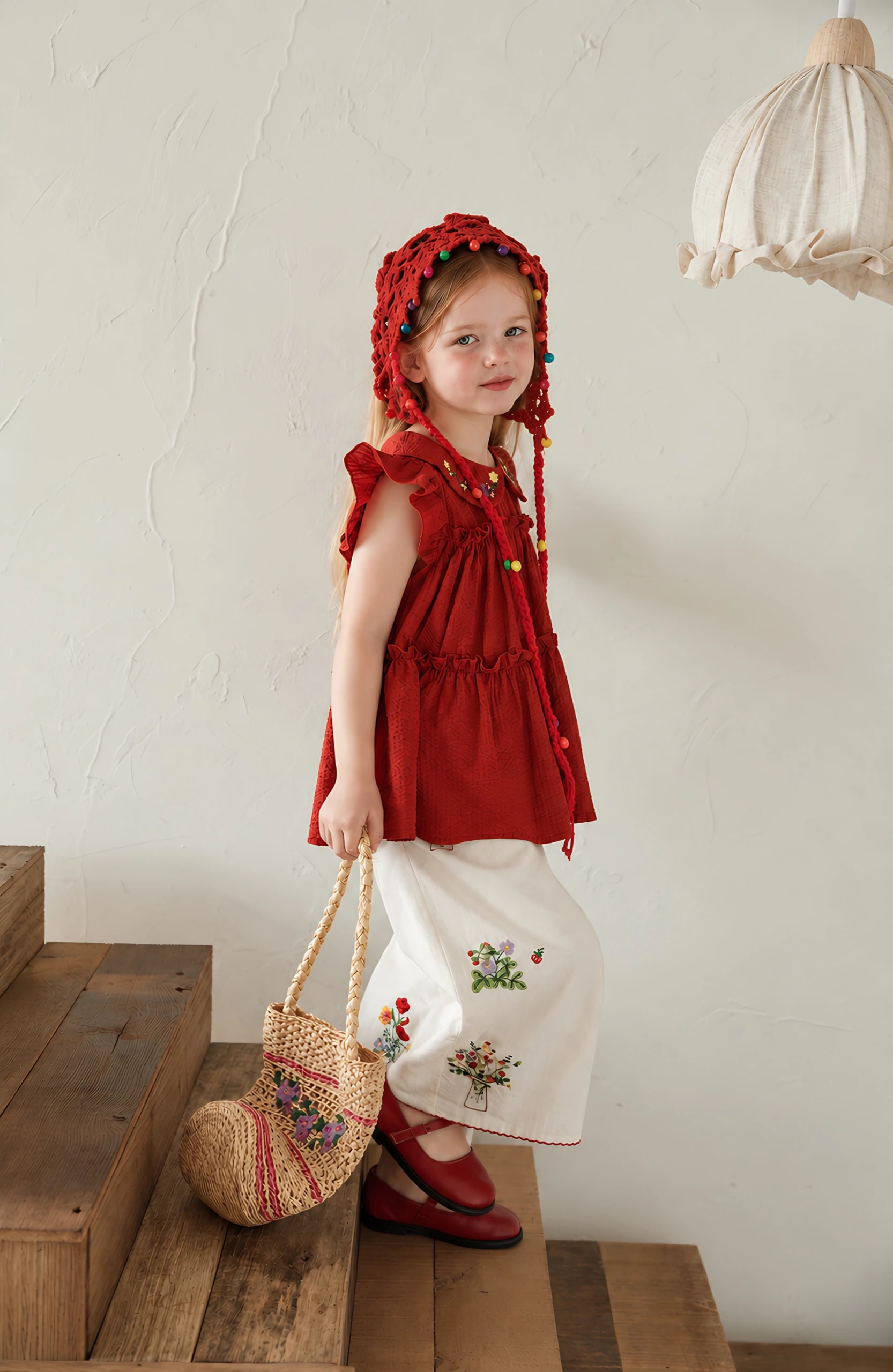 A girl standing on wooden steps in the Fleur Set, showing the floral-embroidered ivory pants with a red scalloped hem.
