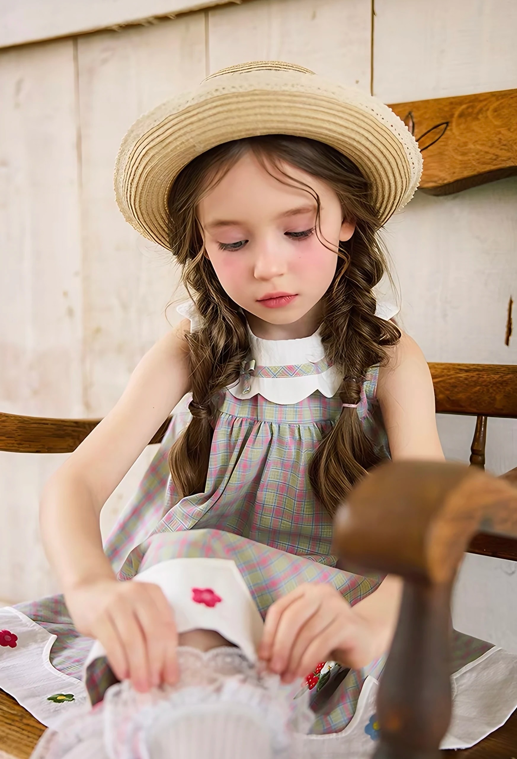 Detail Celestine Dress saat duduk, terlihat kerah putih bergelombang dengan pita kecil dan bagian atas kotak-kotak pastel.