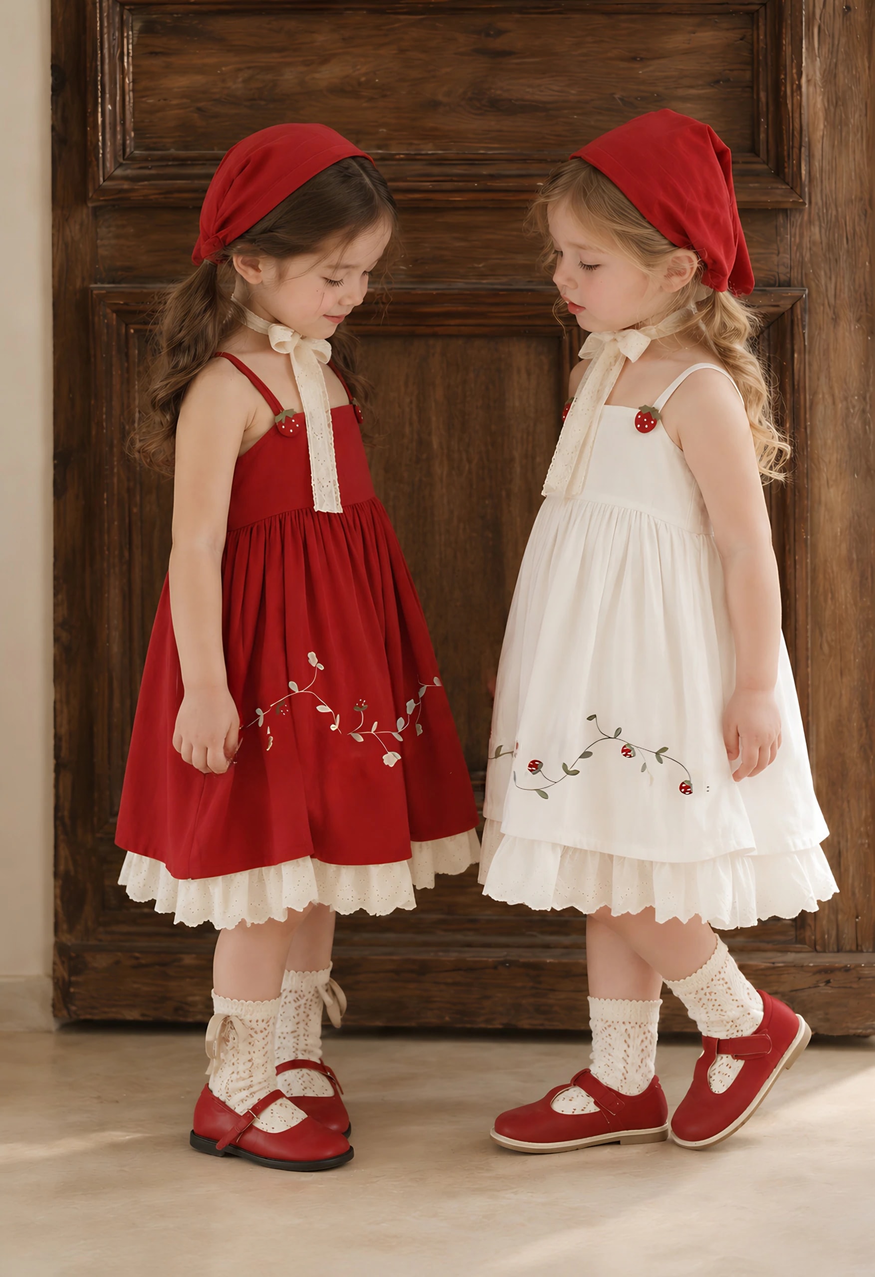 Dua anak perempuan saling berhadapan memakai Nara Dress warna merah dan putih, terlihat aksen stroberi dan bordir bunga di keduanya.