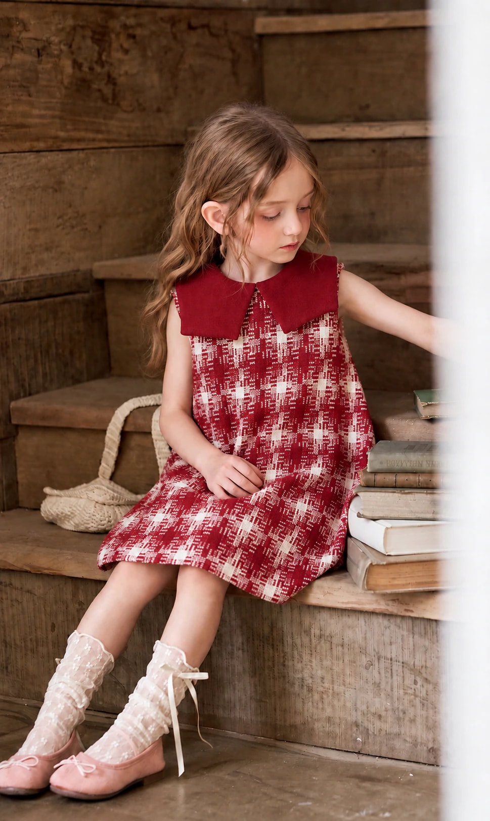 Sitting on wooden stairs in the Delphine Dress, showing the oversized collar and the full A-line skirt.