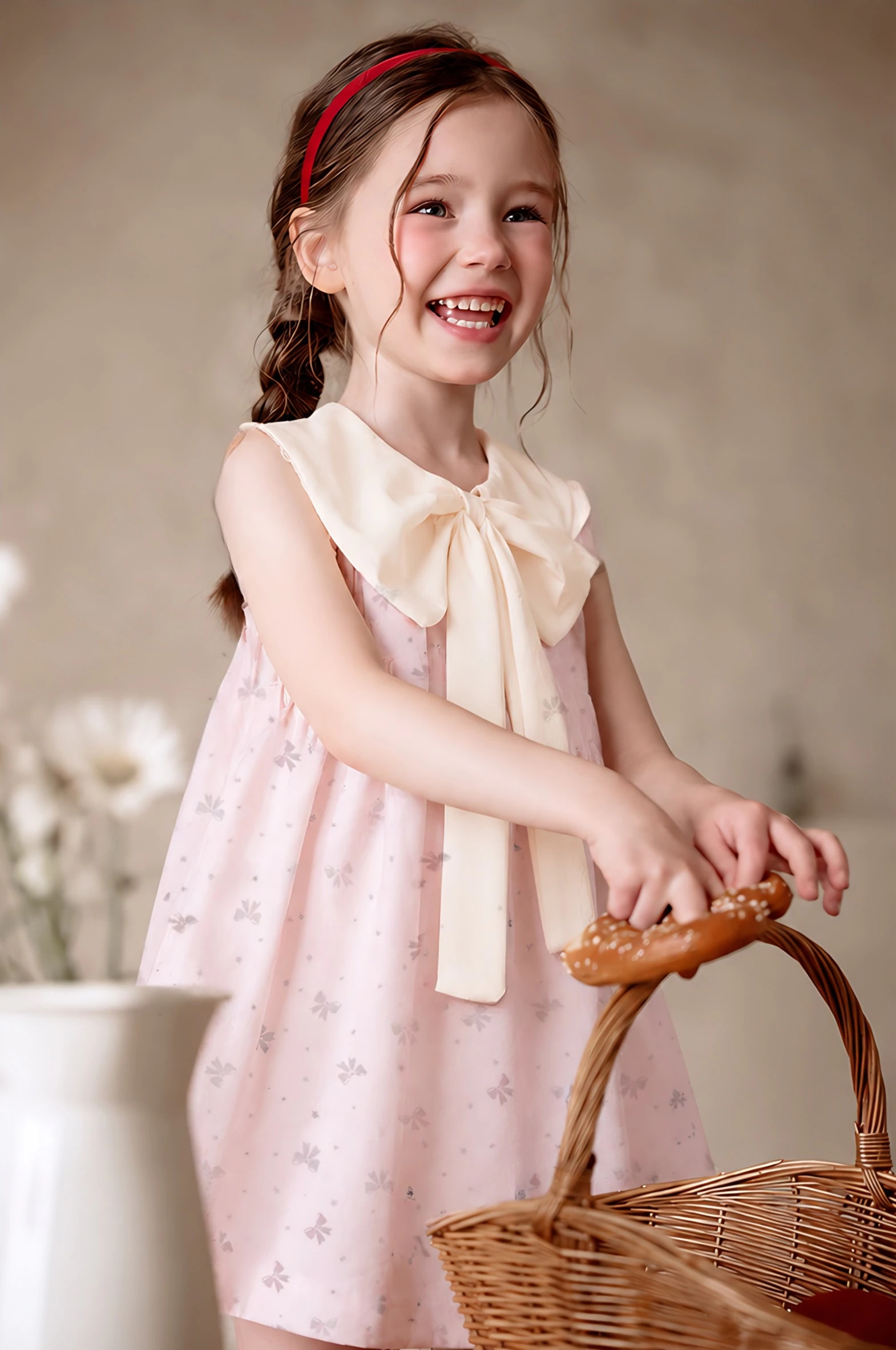 Anak perempuan tertawa memakai Amelie Dress sambil memegang keranjang, terlihat kerah lebar dan pita gading.