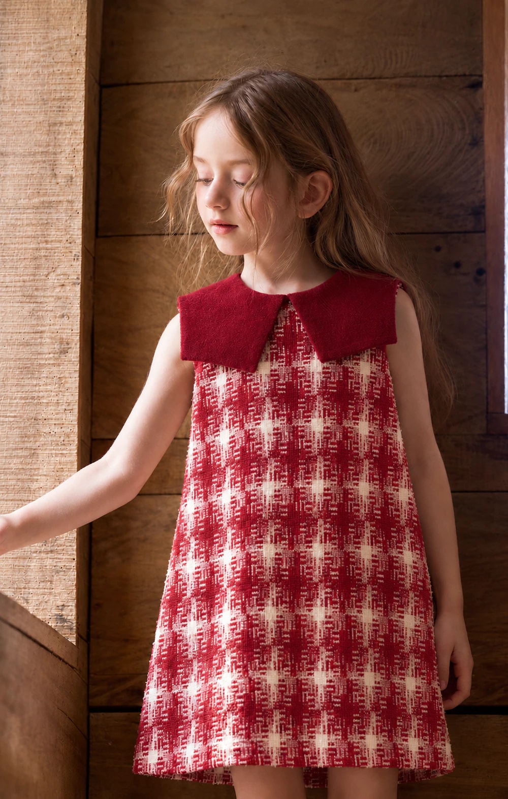 Front view of a girl standing in the Delphine Dress, showing the pointed oversized collar and the straight A-line cut.