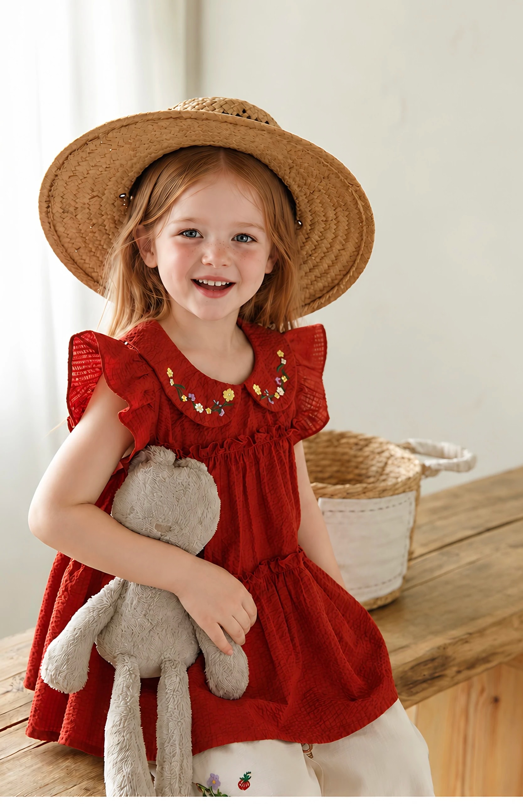 Anak perempuan tersenyum duduk memakai Fleur Set sambil memeluk boneka kelinci, terlihat kerah bordir bunga pada atasan merah.