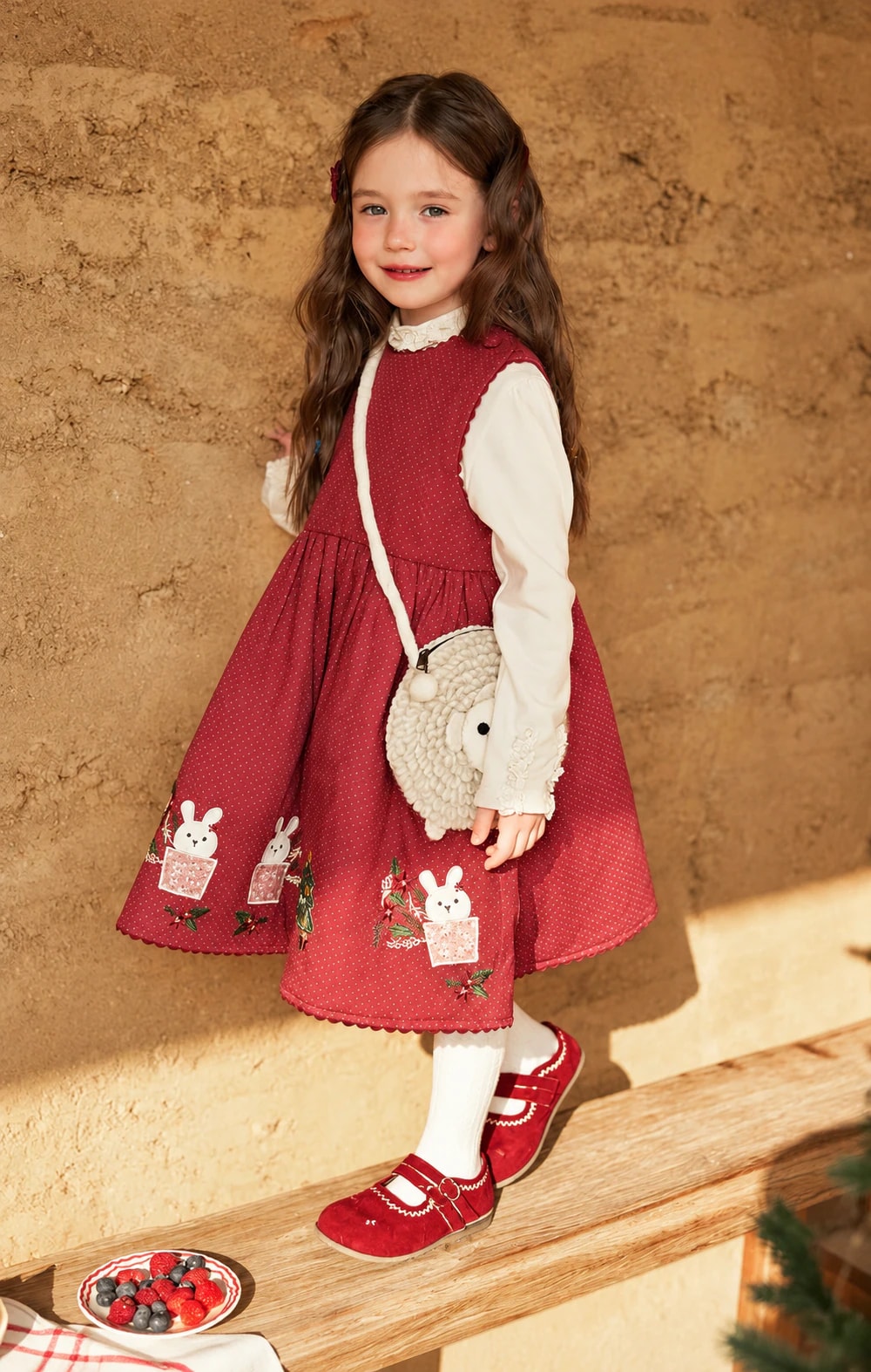 Anak perempuan tersenyum di atas bangku kayu memakai Marceline Dress, roknya mengembang memperlihatkan motif kelinci dan tepi bergelombang.